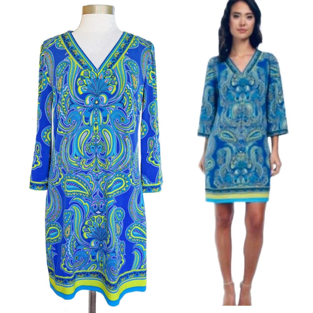 LAUNDRY Paisley Shift Dress Medium 3/4 Bell Sleeve Peacock Blue Green